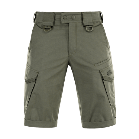 M-Tac Shorts Aggressor Gen.II Flex i grøn med rip-stop materiale og lommer, ideel til alsidige aktiviteter.