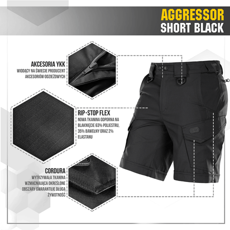 M-Tac Shorts Aggressor Short i sort med taktiske funktioner, ideel til varme dage, fremstillet i elastisk polycotton rip-stop.