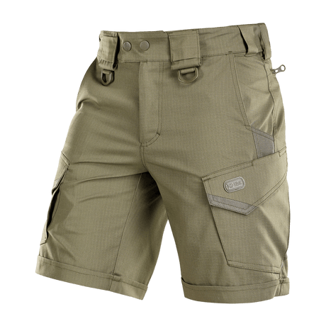 M-Tac Shorts Aggressor Short i grøn, taktiske knælange shorts med D-ringe, YKK lynlåse, ideelle til varme dage og aktiv brug.