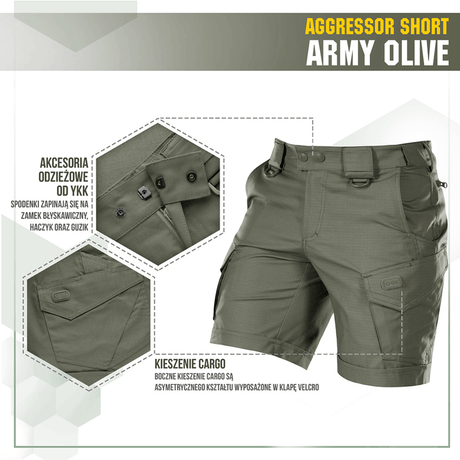 M-Tac Shorts Aggressor Short i Army Olive, taktiske funktioner, komfort og bevægelsesfrihed. Perfekte til byliv og naturen.