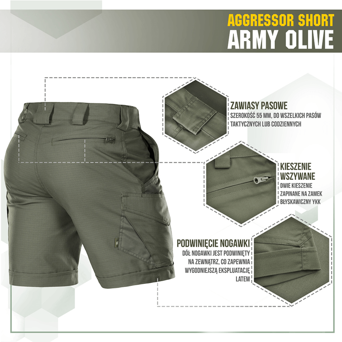 M-Tac Shorts Aggressor Short i Army Olive, taktiske knælange shorts med YKK lynlåse og justerbare funktioner til aktiv brug i naturen.