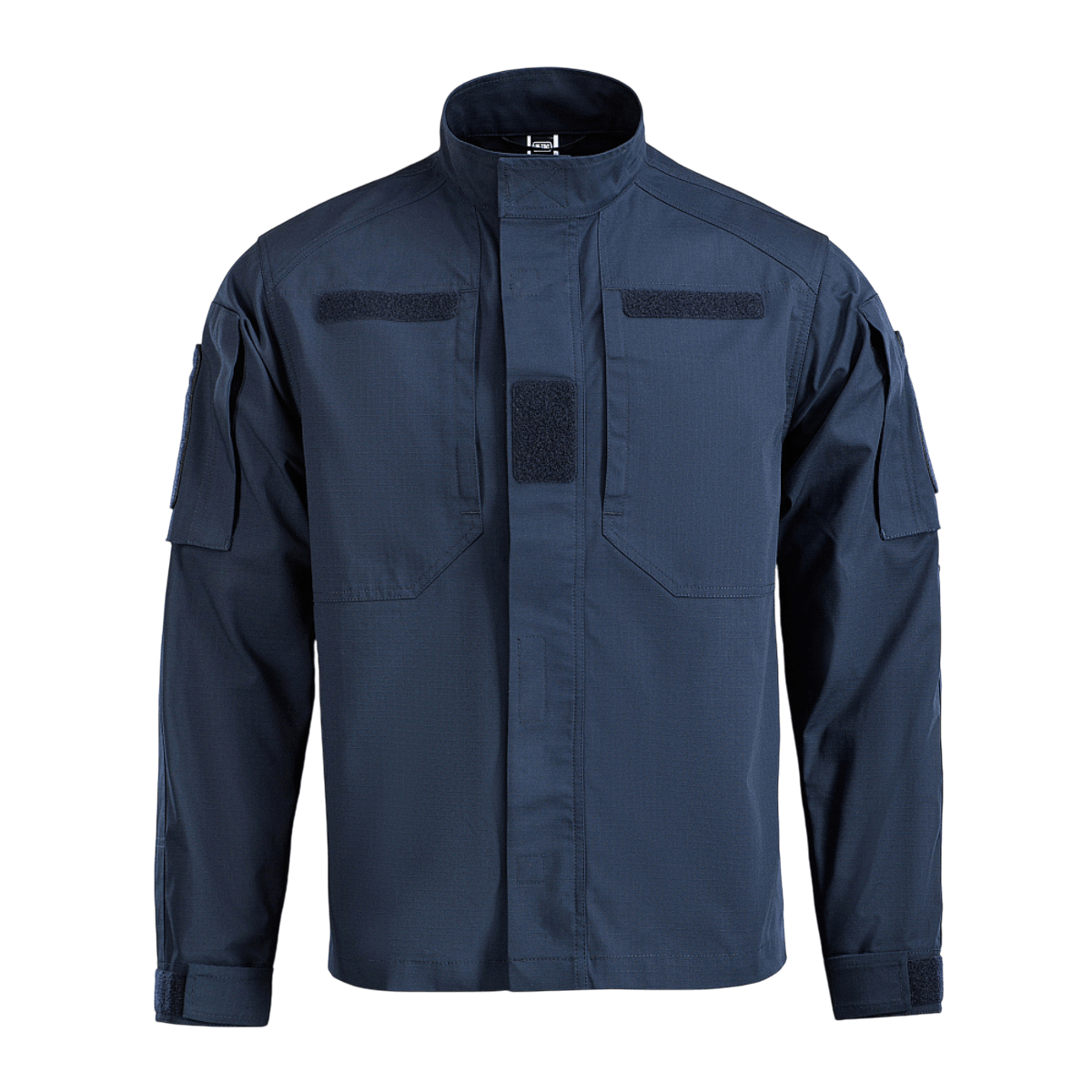 M-Tac Jakke Patrol Flex med Velcro-dækning, YKK fittings og ståkrave, designet til taktisk brug, set forfra i mørkeblå farve.