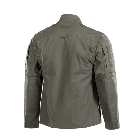 M-Tac Patrol Flex Jakke set bagfra, grå jakke med velcro-lommer og paneler, ståkrave og figursyet pasform.