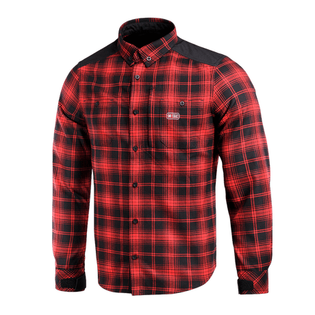 M-Tac Redneck Skjorte i rød og sort plaid med forstærkede skuldre og velcro-justerbare ærmer til taktisk brug.