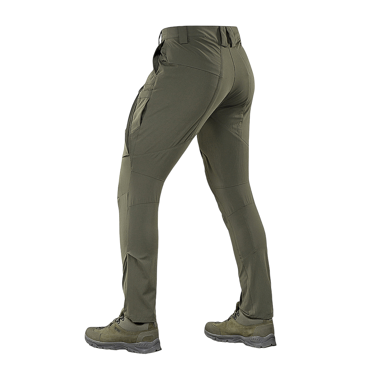 M-Tac Bukser Rubicon Flex i grøn 4-Way Stretch stof med vandtæt og åndbart materiale, cargo-lommer og YKK hardware, set bagfra.