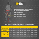 M-Tac men's pants size chart with measurements for waist, hip, and leg length, including dimensions for sizes from 2XS to 3XL.