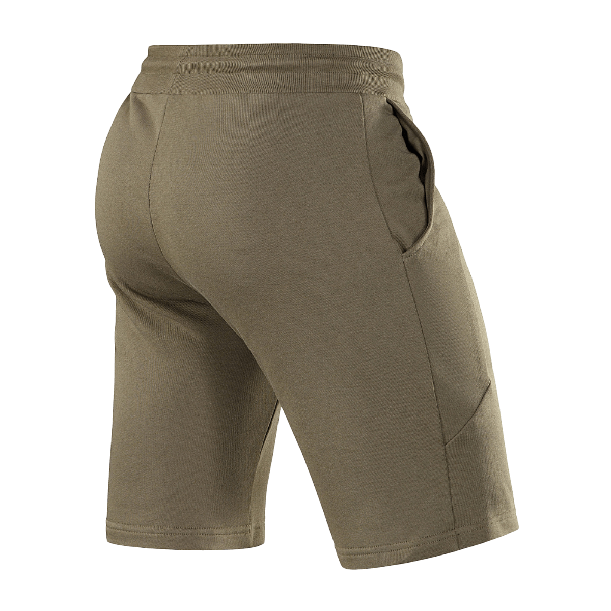 Bagside af M-Tac Shorts Casual Fit Cotton i olivengrøn, med elastik i taljen og sidelommer, fremstillet af 100% bomuld.