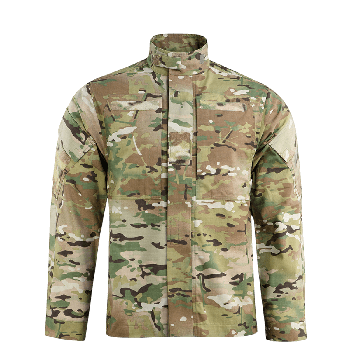 Kampjakke med camouflagemønster, velegnet til udendørs brug og taktiske opgaver. Slidstærkt og åndbart materiale for optimal komfort.