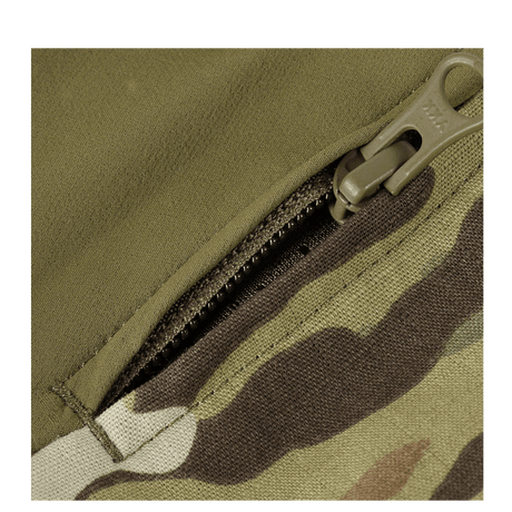 Detaljeret visning af M-Tac Feltjakke NYCO Extreme med multispektrum camouflage og holdbar lynlås. Let og stærk jakkestof.