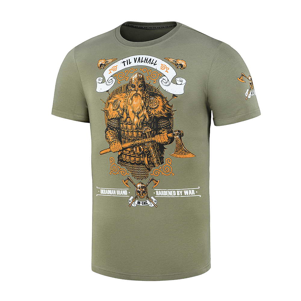 M-Tac T-shirt Viking med vikingemotiv, økse, og teksten 'Til Valhall' på fronten, designet til kampgejst og mod.