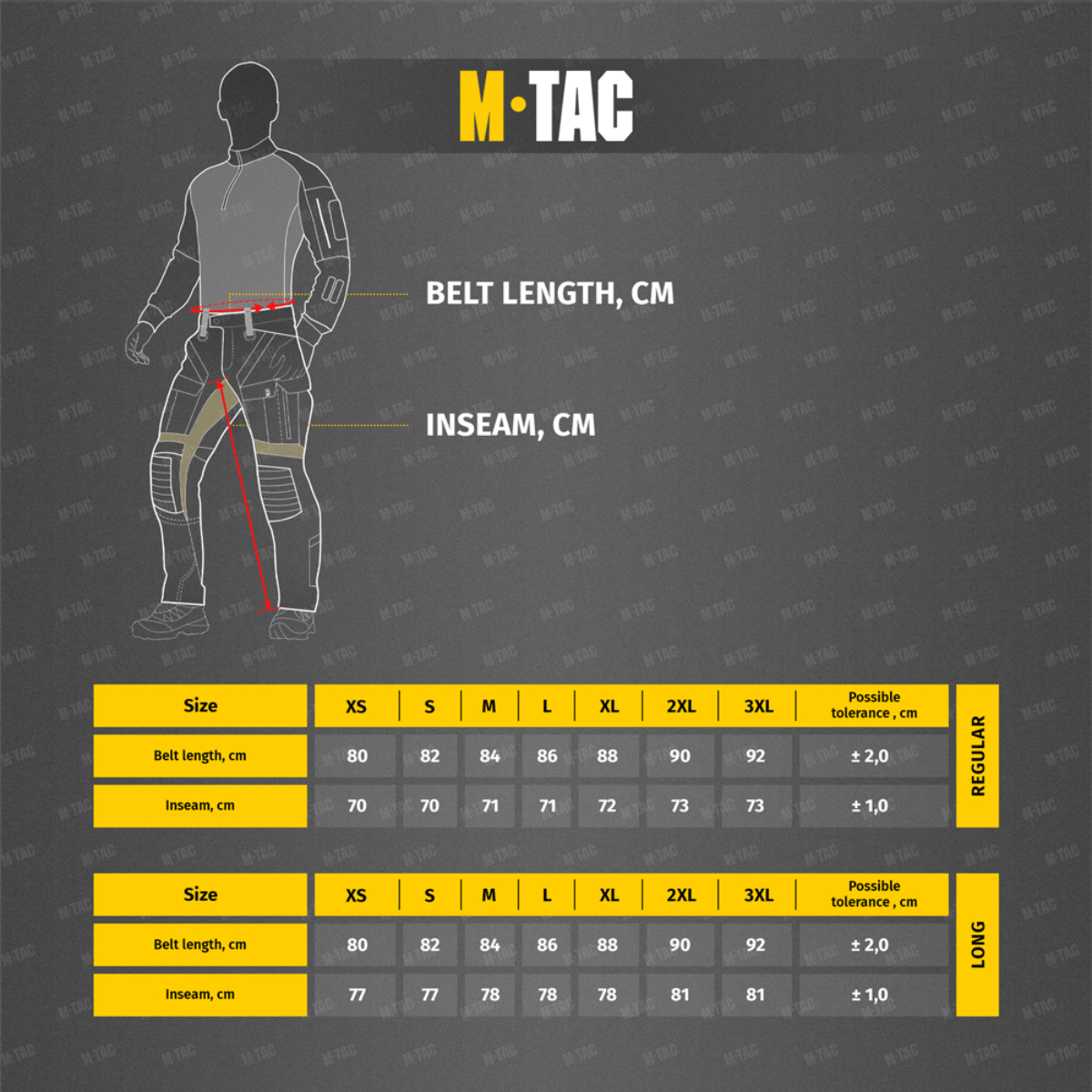Størrelsesguide for M-Tac Bukser Cotton Classic, med beltelængde og indersøm i cm. Viser størrelser XS-3XL i regulær og lang.