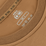M-Tac T-shirt 93/7 Summer label and collar detail in khaki, highlighting cotton and elastane blend for comfort and breathability.