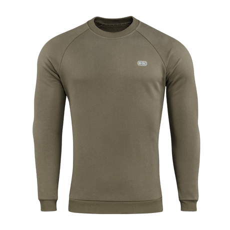 M-Tac Sweatshirt Cotton Hard i olivenfarve med ribkanter og reflekslogo, fremstillet af 100% bomuld for komfort og varme.