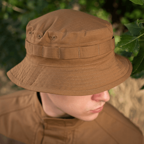 M-Tac Panama Rip-Stop army hat with semi-stiff brim, camouflage loops, ventilation holes, and cord for windy conditions.