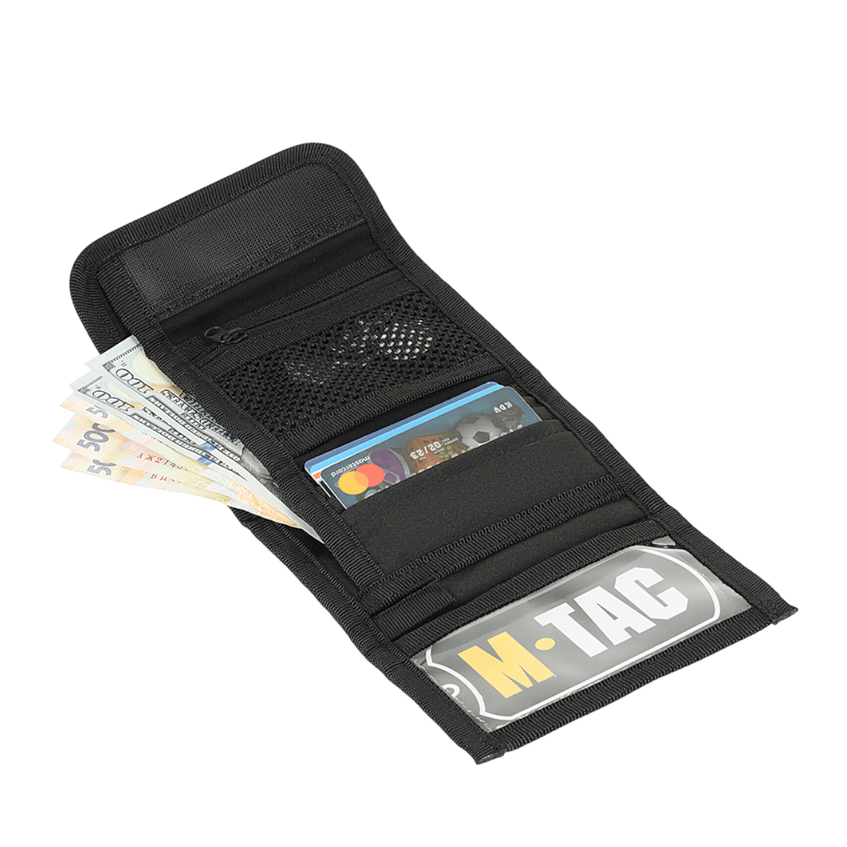 M-Tac Pung med Patch Panel Elite Gen. II i sort med rum til kort og kontanter, fremstillet af holdbart Oxford og Cordura 500D materiale.