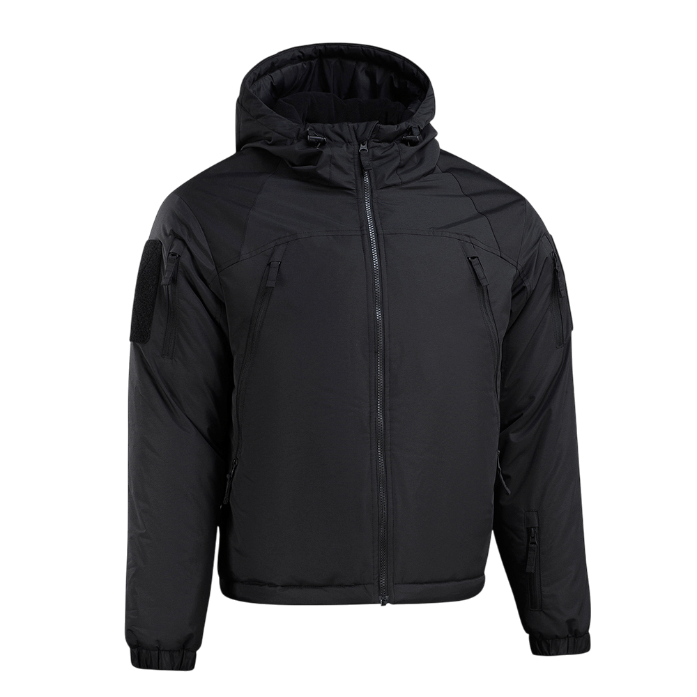 M-Tac Alpha Gen.III Pro Vinterjakke, sort, med hætte og elastiske manchetter til -20°C. Holdbar vandtæt nylonjakke med G-Loft isolering.
