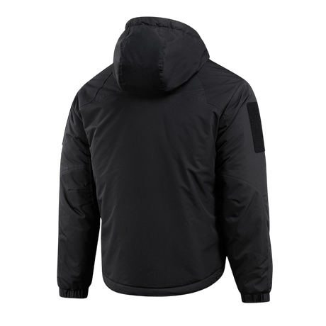 Bagsiden af M-Tac Alpha Gen.III Pro Vinterjakke med hætte og forstærkede albuer, sort design, velegnet til kolde temperaturer.