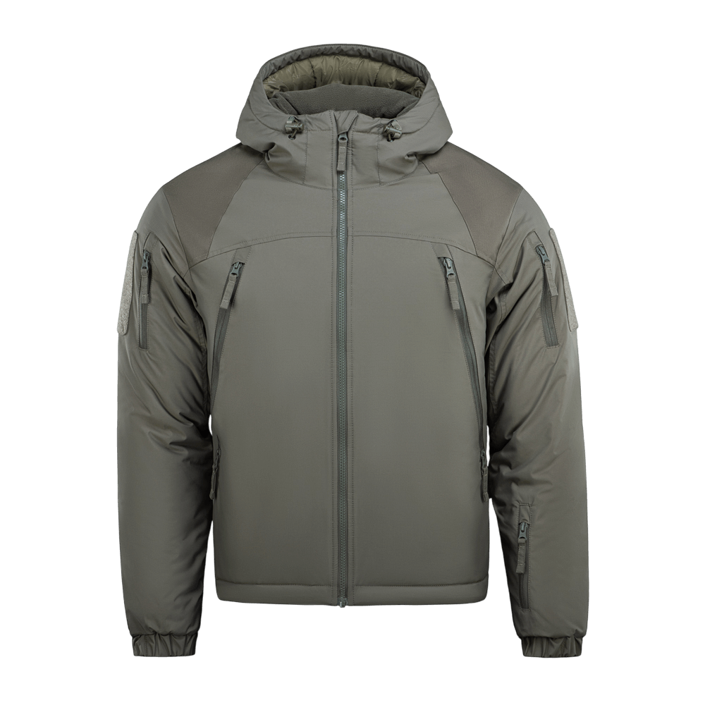 M-Tac Alpha Gen.III Pro Vinterjakke i grå med hætte og forstærkede albuer, ideel til koldt vejr og hverdag i temperaturer ned til -20° C.
