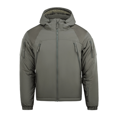 M-Tac Alpha Gen.III Pro Vinterjakke i grå med hætte og forstærkede albuer, designet til komfort og holdbarhed ned til -20°C.