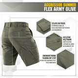 M-Tac Aggressor Summer Flex Shorts i olivenfarve med funktionelle lommer, ideel til udendørs aktiviteter. Taktiske letvægts shorts.