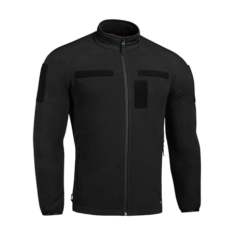 M-Tac Combat Fleece Polartec Jakke i sort med Velcro-paneler, ideel til taktisk og casual brug.