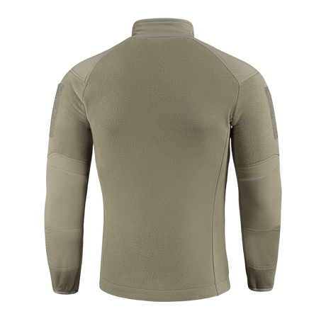 Bagside af M-Tac Combat Fleece Polartec Jakke i beige, med slidstærkt Polartec fleece og vind- og strækbart stof, perfekt til taktisk brug.