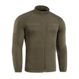M-Tac Combat Fleece Polartec Jakke i olivenfarve med YKK lynlåse og velcro-paneler, ideel til taktisk og casual brug.