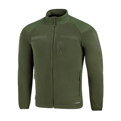 M-Tac Combat Fleece Polartec Jakke i grøn, varm og slidstærk, ideel til taktisk og casual brug med YKK lynlåse og elastiske manchetter.