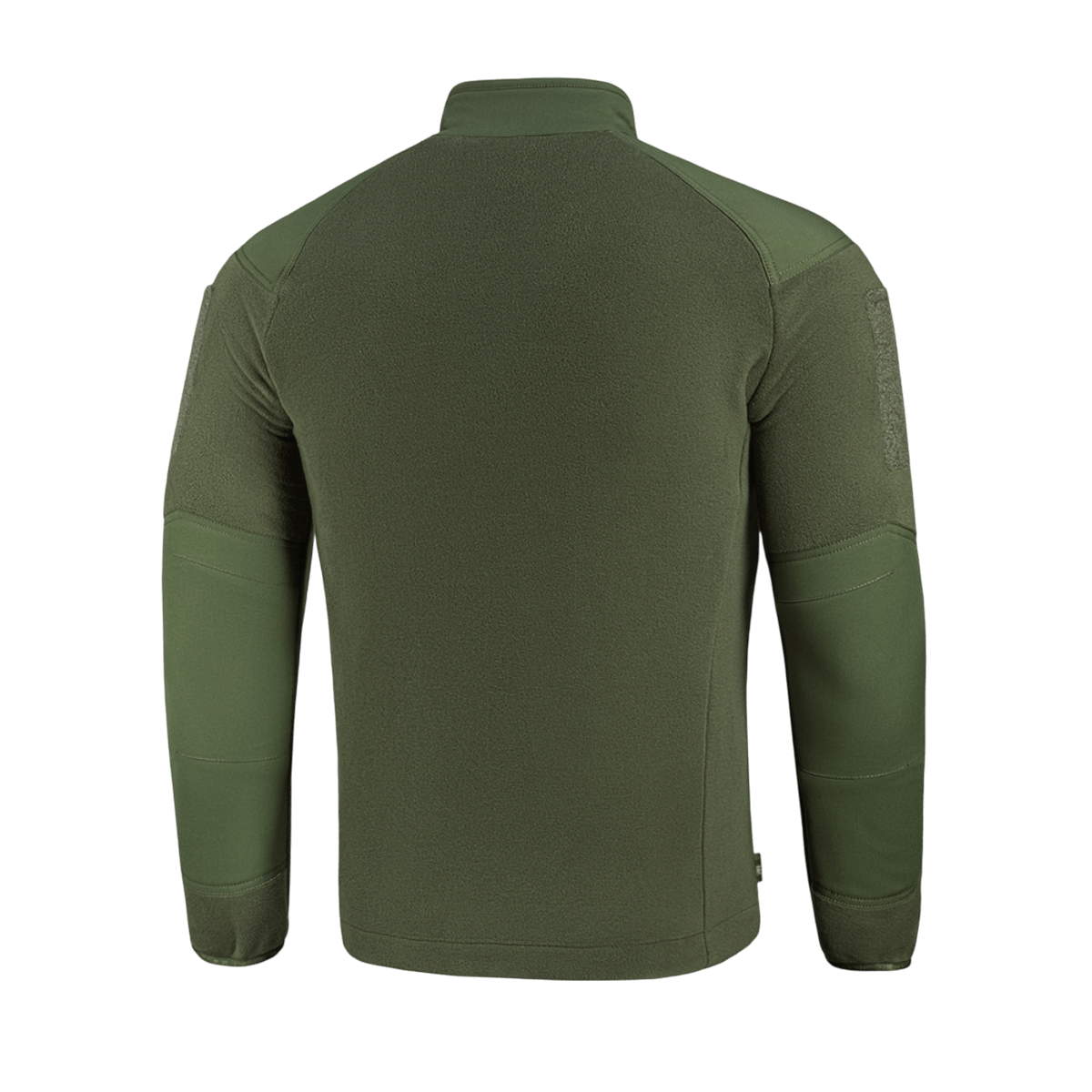 Bagside af M-Tac Combat Fleece Polartec Jakke i grøn, viser detals af fleece og stretch paneler, velegnet til taktisk brug.