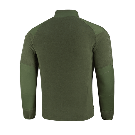 Bagside af M-Tac Combat Fleece Polartec Jakke i grøn, viser detals af fleece og stretch paneler, velegnet til taktisk brug.