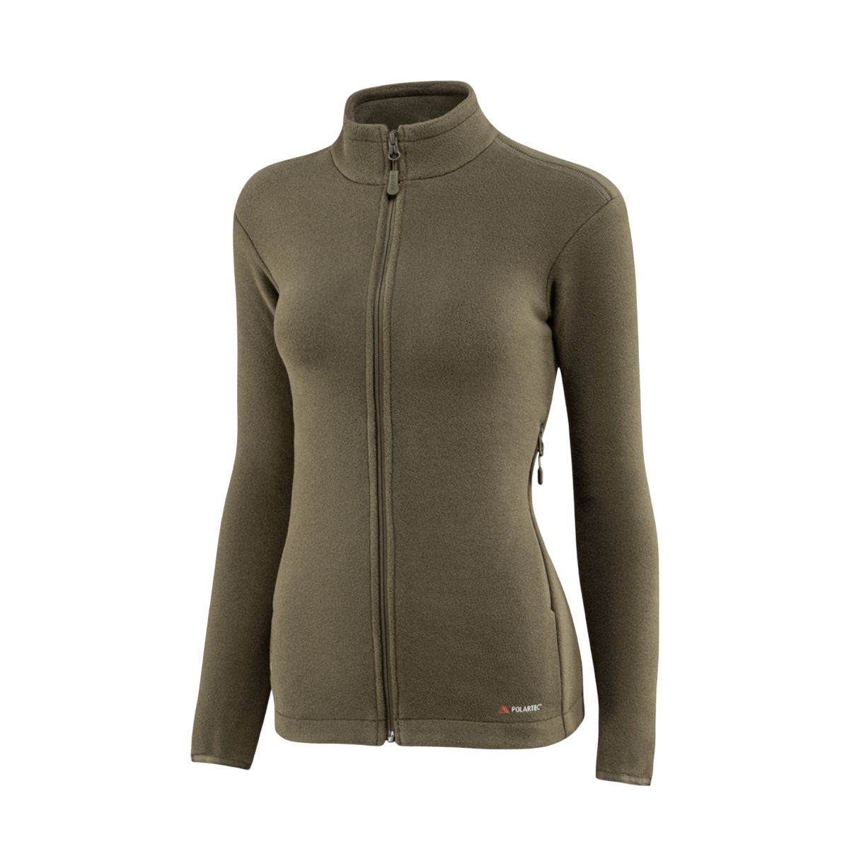 M-Tac Sweater Nord Fleece Polartec Dame i olivengrøn, lavet af Polartec® 200 Series fleece, med YKK-lynlås og ståkrave for optimal komfort.