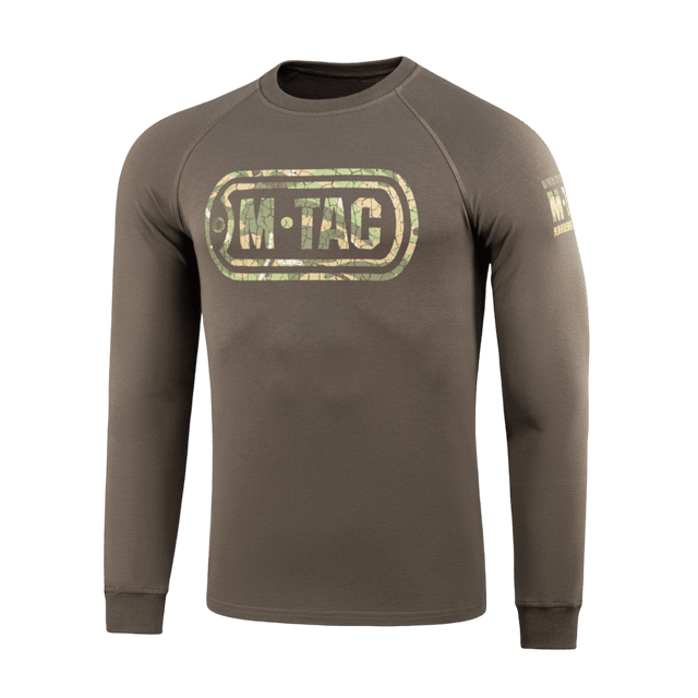 M-Tac Raglan Logo trøje med camouflageprint og slogan, lavet af 95% bomuld og 5% elastan for komfort og stil.