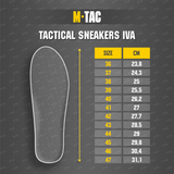 Størrelsesguide for M-Tac Tactical Sneakers IVA med sål og størrelser fra 36 til 47 vist i centimeter, ideel til trekking og outdoor-brug.