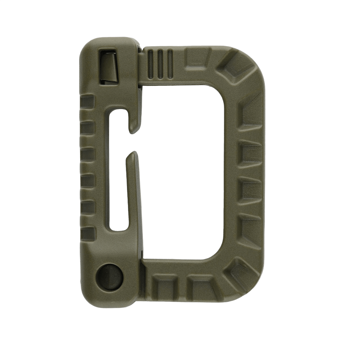 M-Tac Plast Karabin i olivengrøn ABS-plast til let fastgørelse af udstyr, ikke til klatring, måler 85 x 60 mm, holdbar og let konstruktion.