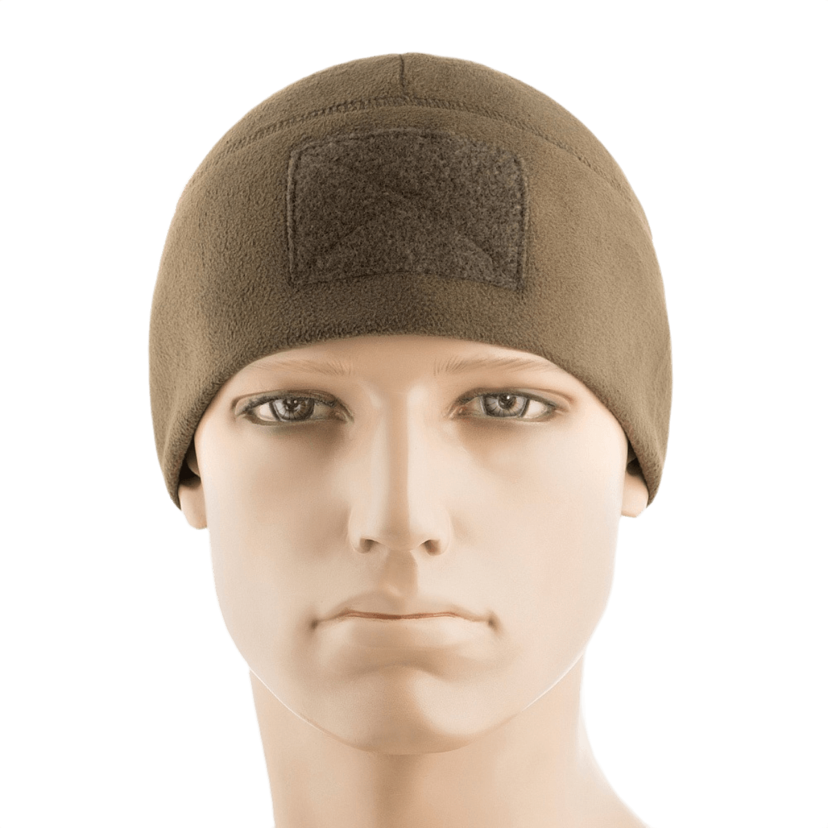 M-Tac Fleece Tactical Watch Cap Beanie m. Patch Panel på mannequin, ideel til taktisk brug og friluftsliv, let og varm til køligt vejr.