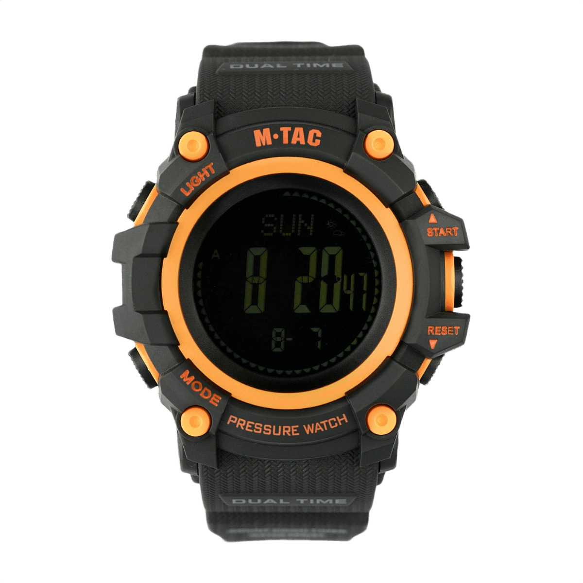 M‑Tac Taktisk Adventure Ur i sort og orange med funktioner som altimeter, barometer og 3D pedometer på displayet.