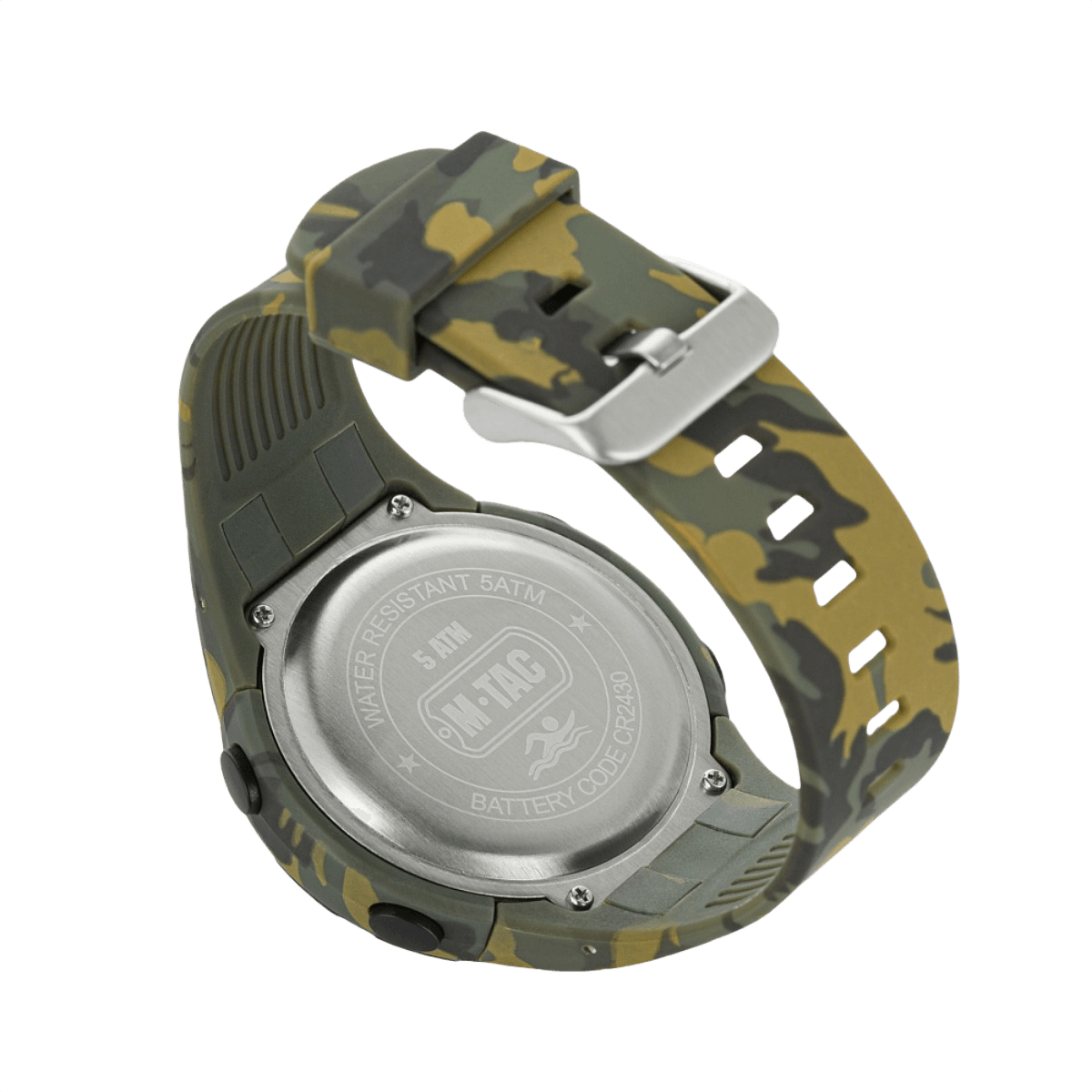 M-Tac Tactical Ur 2166 i camouflage, med stålkasse, vandresistens 5ATM, robust til udendørs og taktisk brug. Batterikode CR2430.