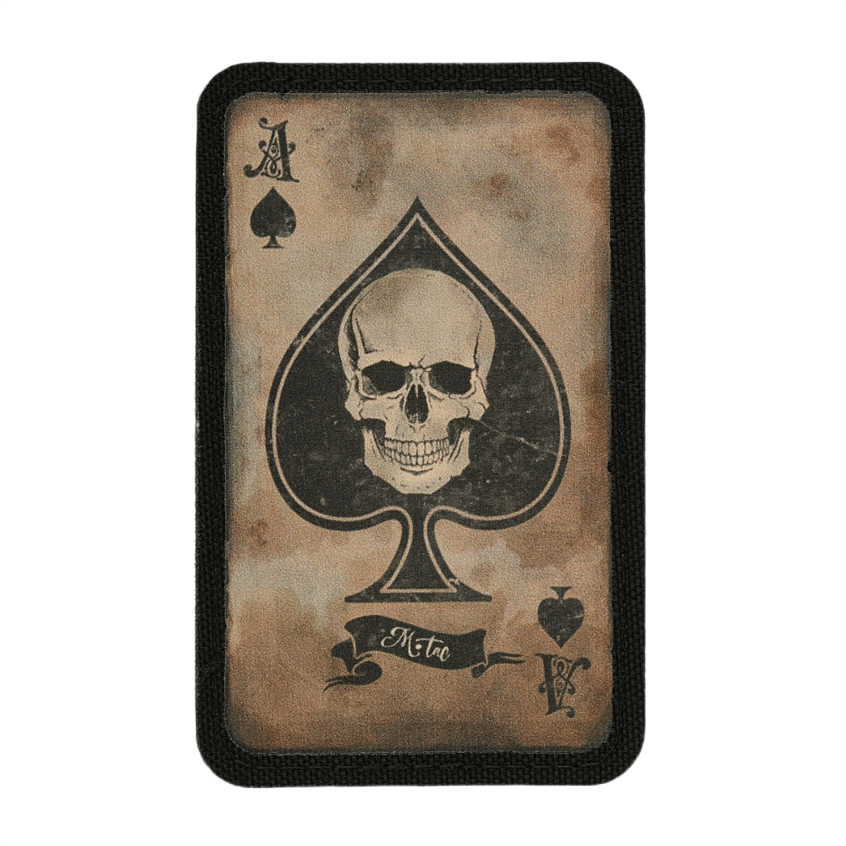 M-Tac Patch Ace of Spades med kranie i vintage design, morale patch i Cordura 500D og velcro, symboliserer kampgejst og klarhed. Mål: 87x54 mm.