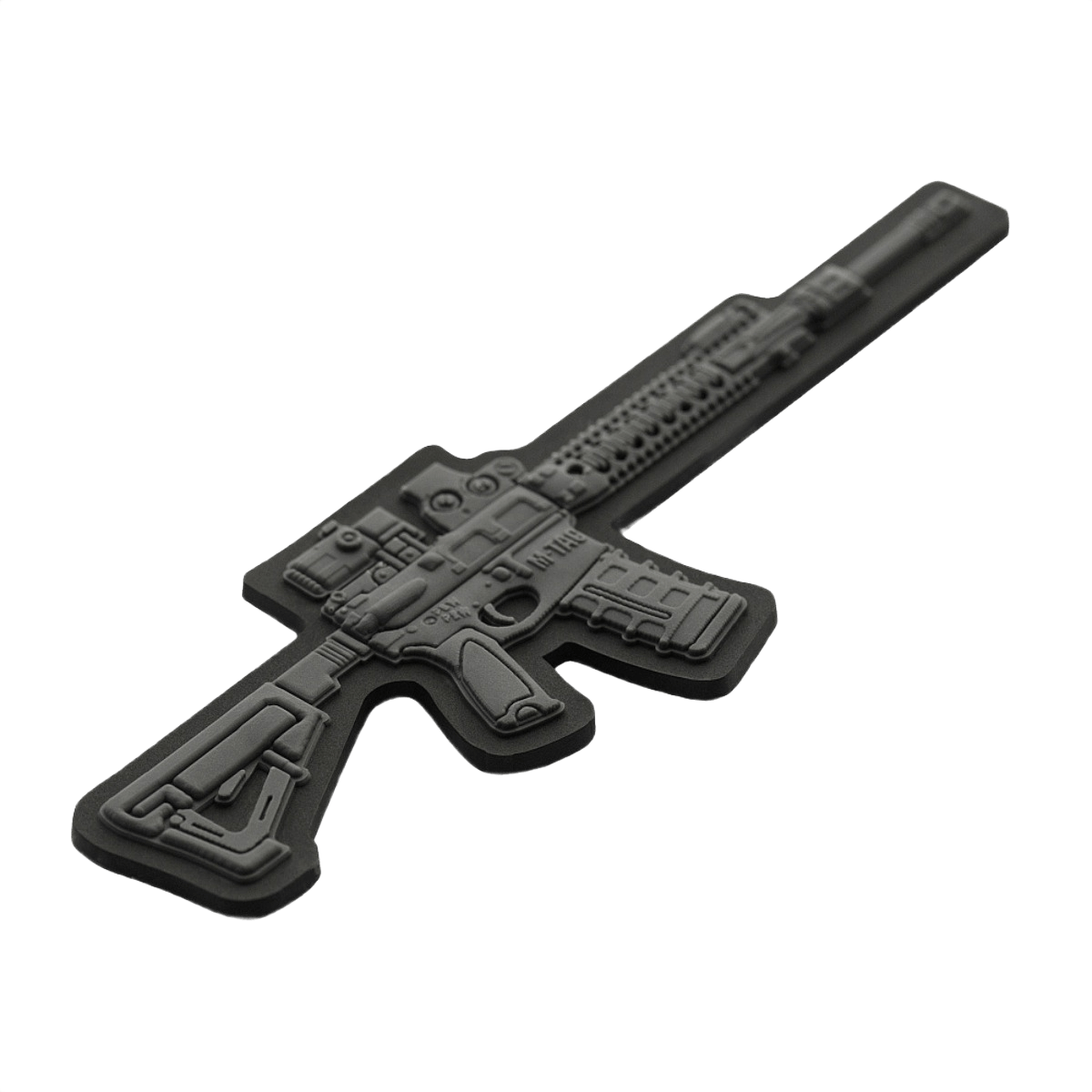 M-Tac AR-15 3D PVC Patch med 3D AR-15 motiv, lavet af holdbar PVC-gummi, størrelse 50x60mm, med Velcro hook for nem fastgørelse.