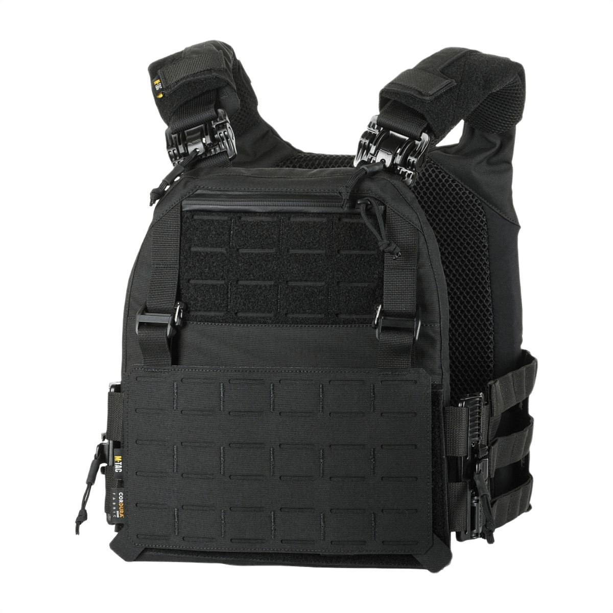 M-Tac Plate Carrier Cuirass FAST QRS Gen.II i sort med CORDURA 500D og hurtig-lås funktion, set forfra.