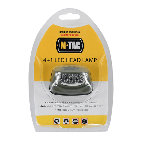 M-Tac Pandelygte 4+1 LED i emballage, let og praktisk pandelygte med elastisk hovedrem, 4 hvide LED, 1 rød LED, op til 18 lumen