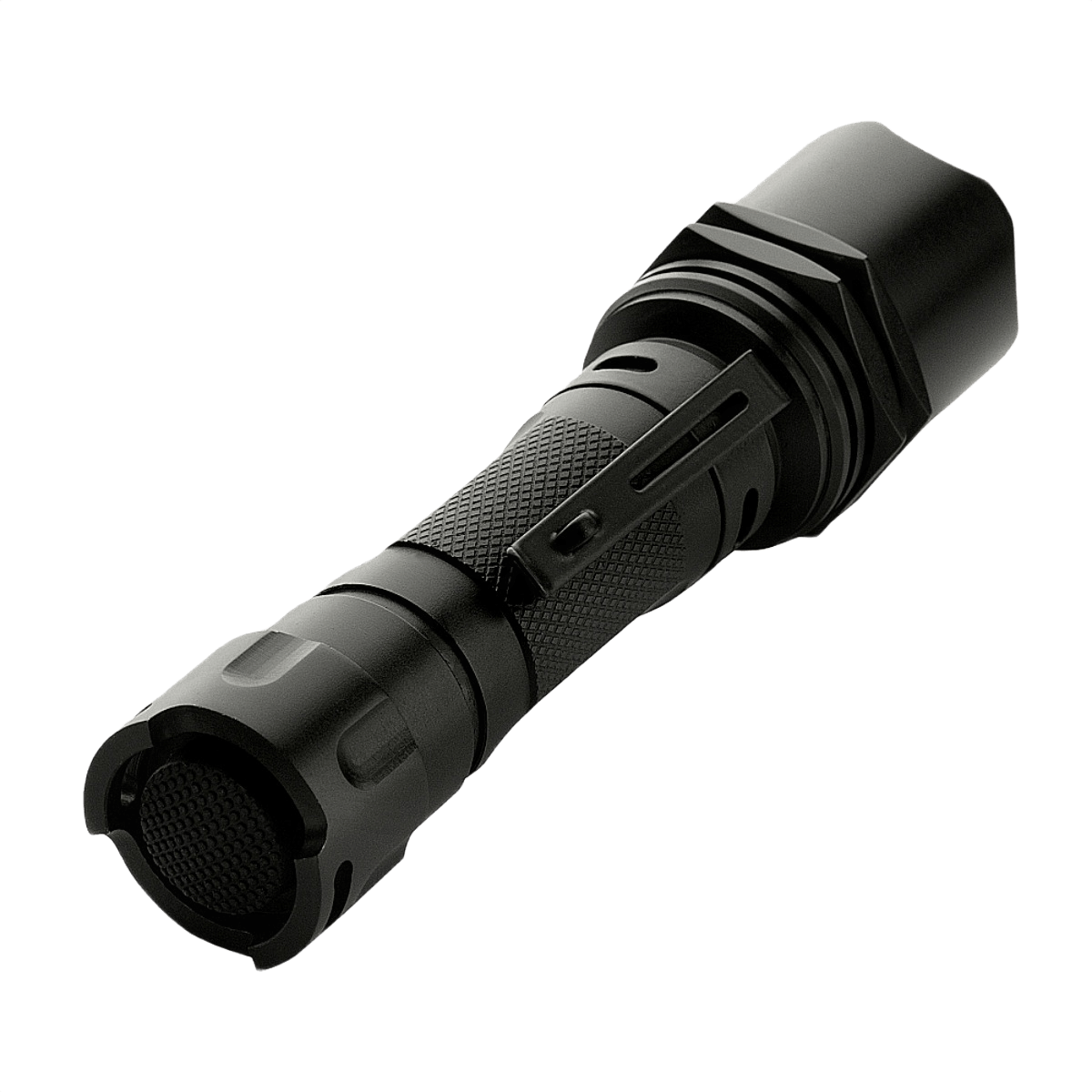 Sort M-Tac Lommelygte M22-C med fokuseret LED-lys og taktiske funktioner i aluminium.