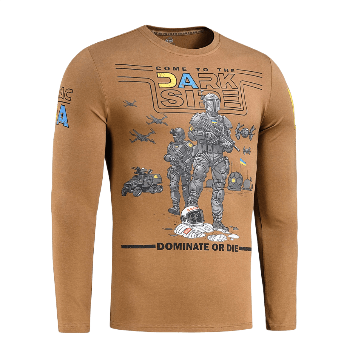 M-Tac T-Shirt UA Side Langærmet med "Come to the Dark Side" grafisk design i brun bomuld og elastan for komfort og bevægelsesfrihed.