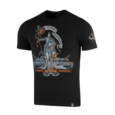 M-Tac T-Shirt Steel Knight med riddermotiv og ukrainske tanks, symboliserer styrke og mod, kortærmet trøje i blød, elastisk materiale.