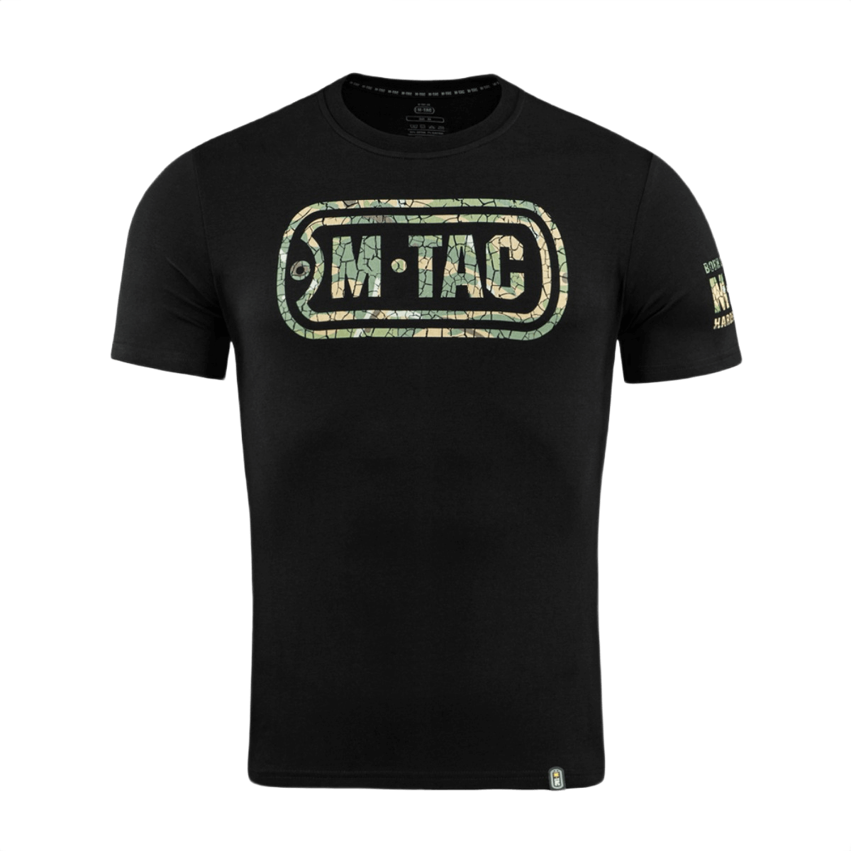 M-Tac T-Shirt Logo med camouflage og ikonisk branddesign, slogan på ærmet "Born by Revolution – Hardened by War".