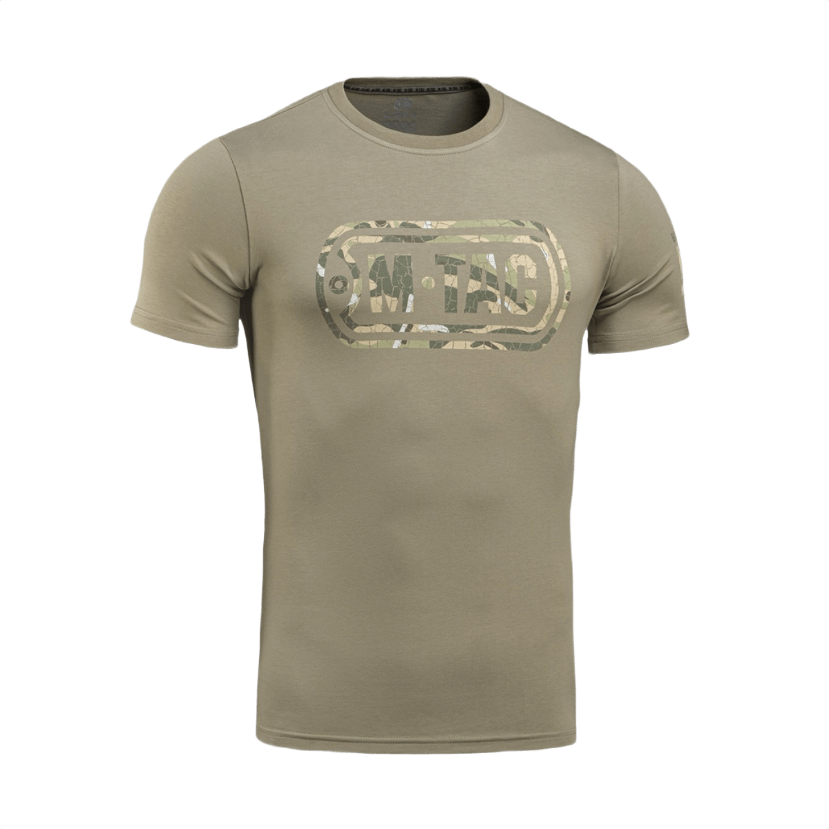 M-Tac T-Shirt Logo med camouflage og slogan, stilfuldt design i blød bomuldsblanding, ideel til taktisk og militært brug.