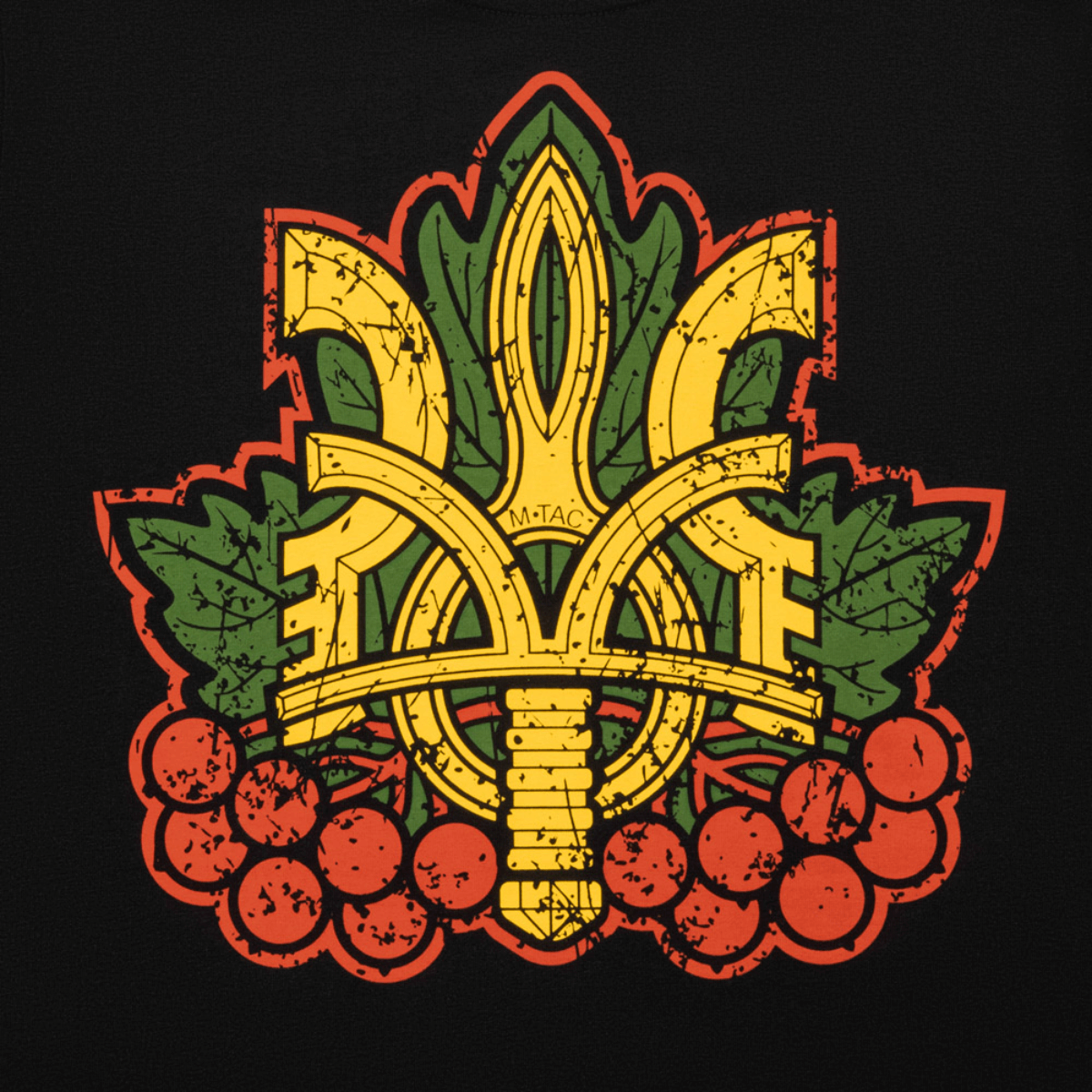 Illustration af Trident og viburnum på M-Tac Viburnum T-Shirt Long Sleeve, symboliserer enhed og mod med rubinrøde bær og moderne design.