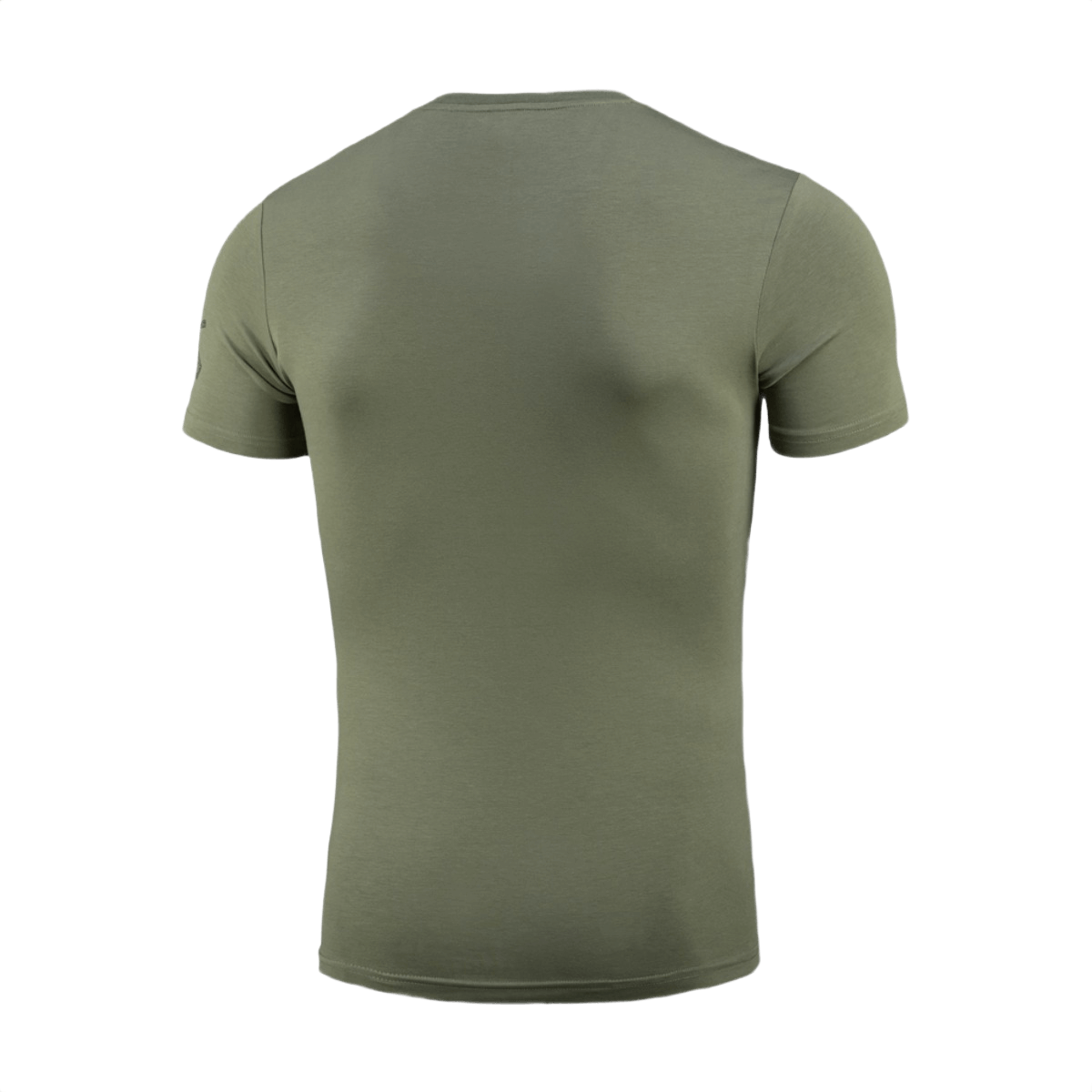 M-Tac T-Shirt Freedom i olivengrøn bagfra, viser komfortabel og elastisk bomuldsblanding. Fokus på frihed og styrke.