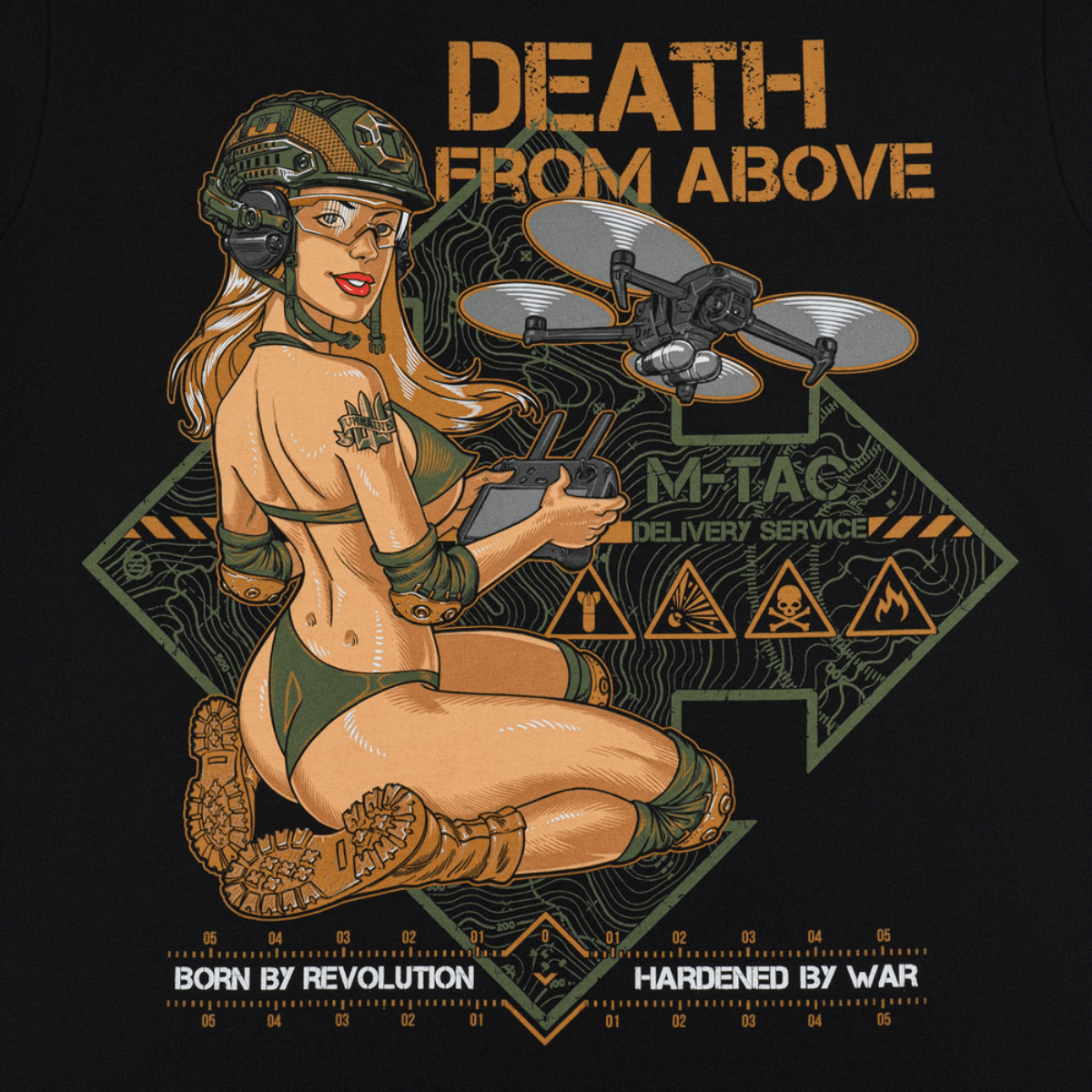 M-Tac T-Shirt Mavic Delivery Service inspireret af Pin-Up-kultur med selvsikker pige og drone i premium farve, bomuld og elastan.
