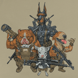 Tegning af M-Tac T-Shirt Rex Team med forskellige hunde udstyret med taktisk gear, der symboliserer venskab og teamwork.